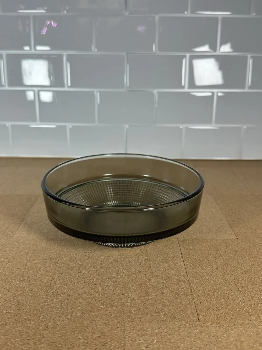 Vintage MCM smoky gray pressed glass serving bowl geometric diamond pattern